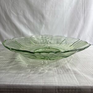 Green Pressed Glass Shallow Serving Bowl Floral & Grape Pattern 13” VINTAGE EUC